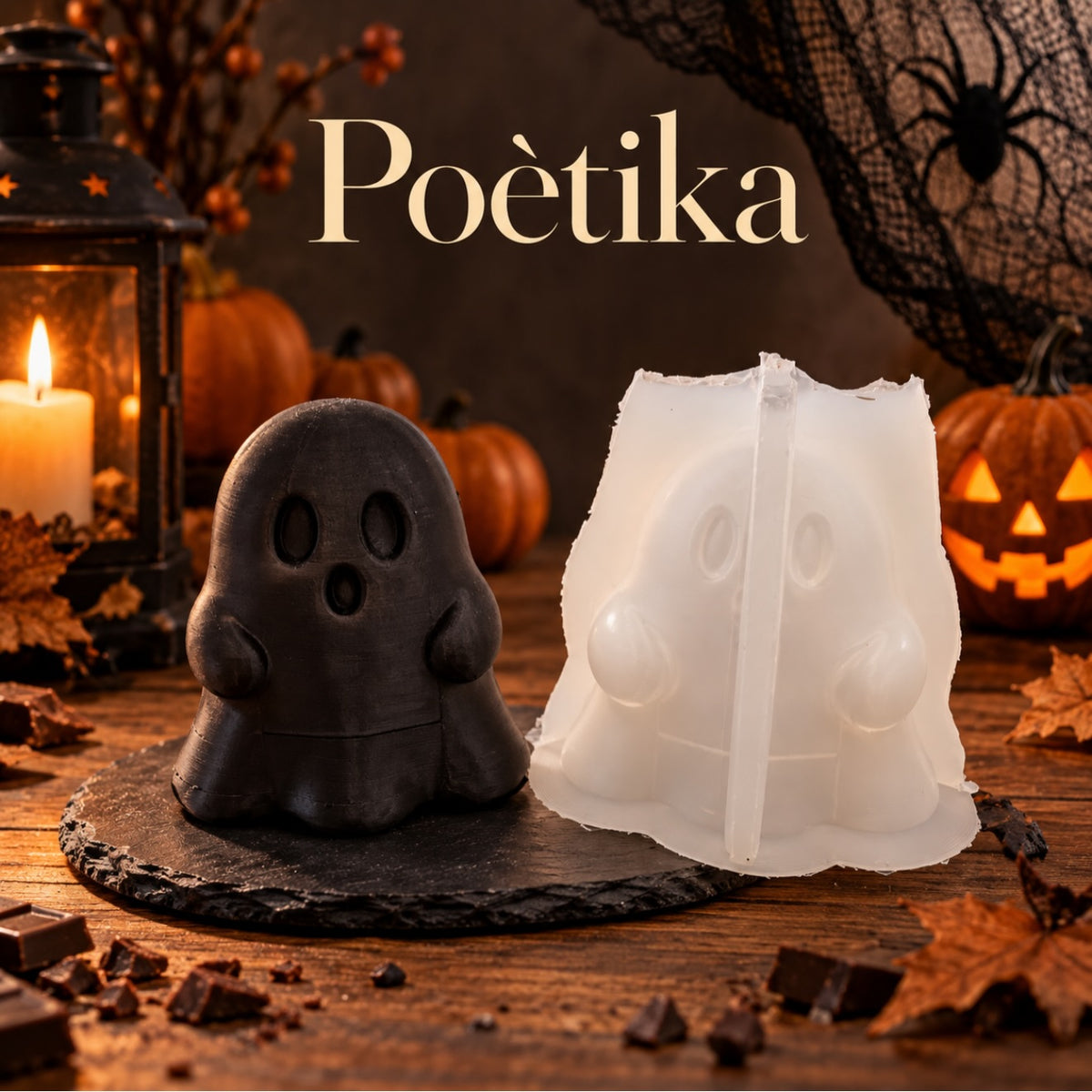 Stampo in silicone di Halloween Fantasma accanto al soggetto finito