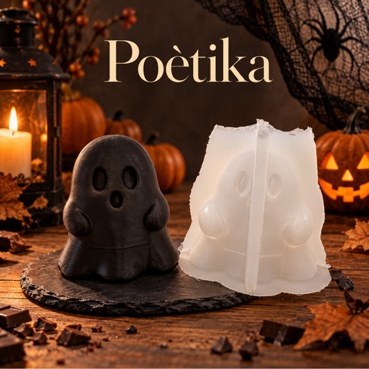 Stampo in silicone di Halloween Fantasma accanto al soggetto finito
