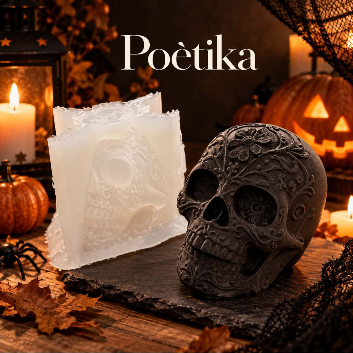 Stampo in silicone di Halloween Teschio accanto al soggetto finito