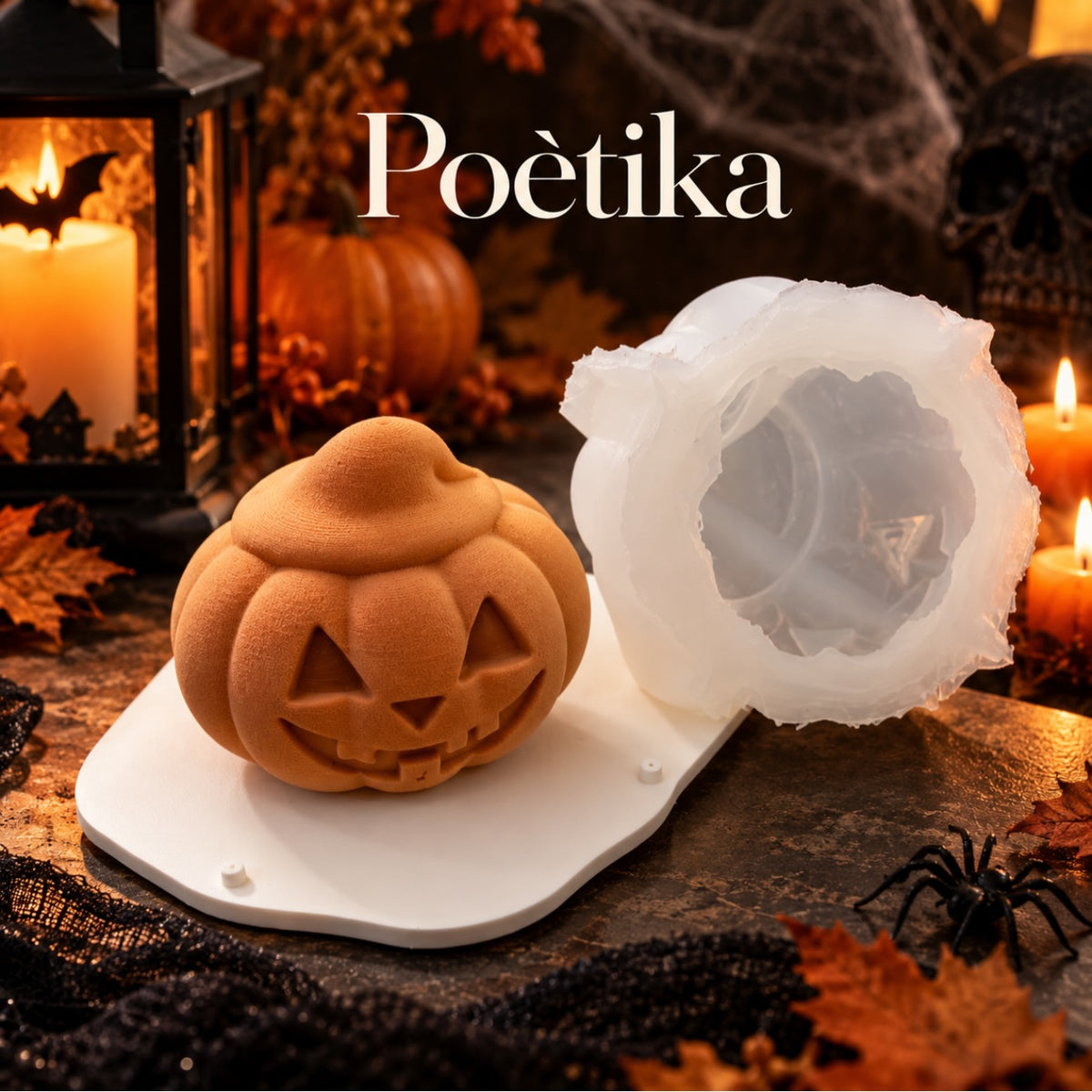 Stampo in silicone di Halloween Zucca accanto al soggetto finito